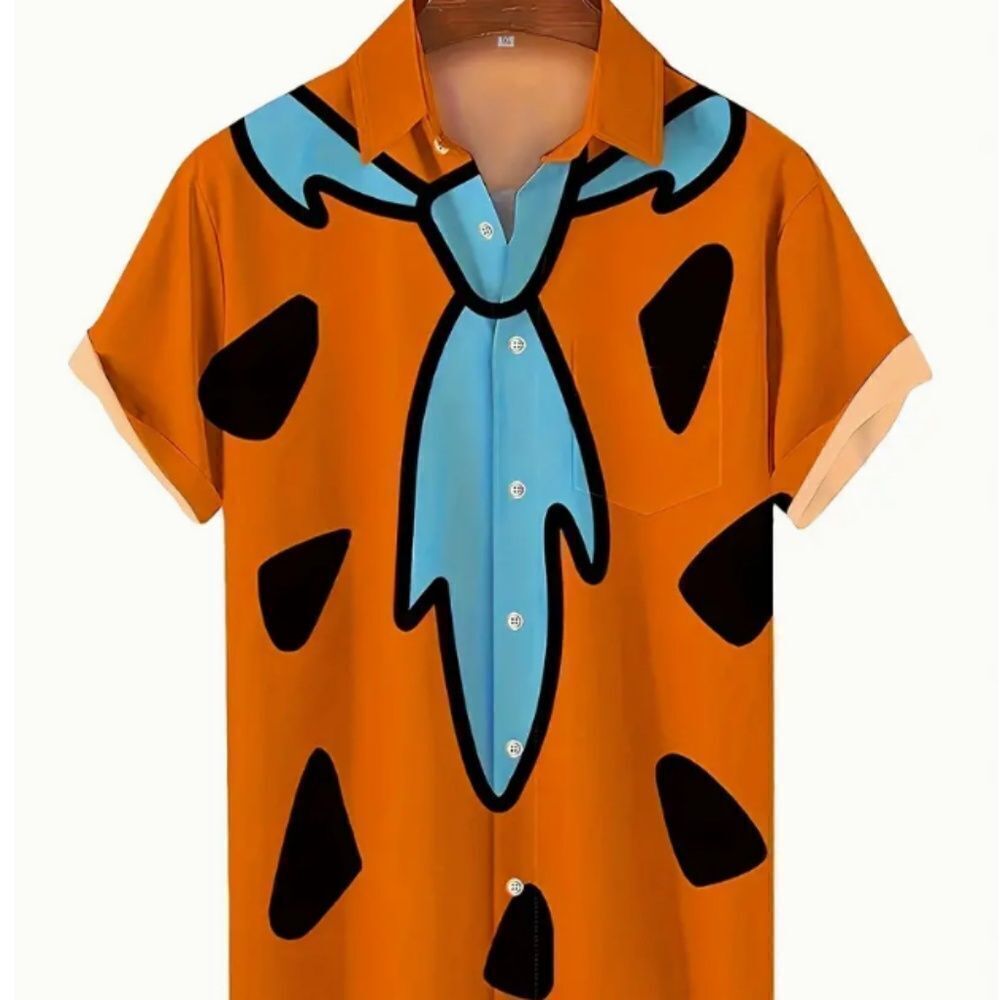 Retro Flintstones Print Men's Short Sleeve Pocket  Men's Trendy Button Up